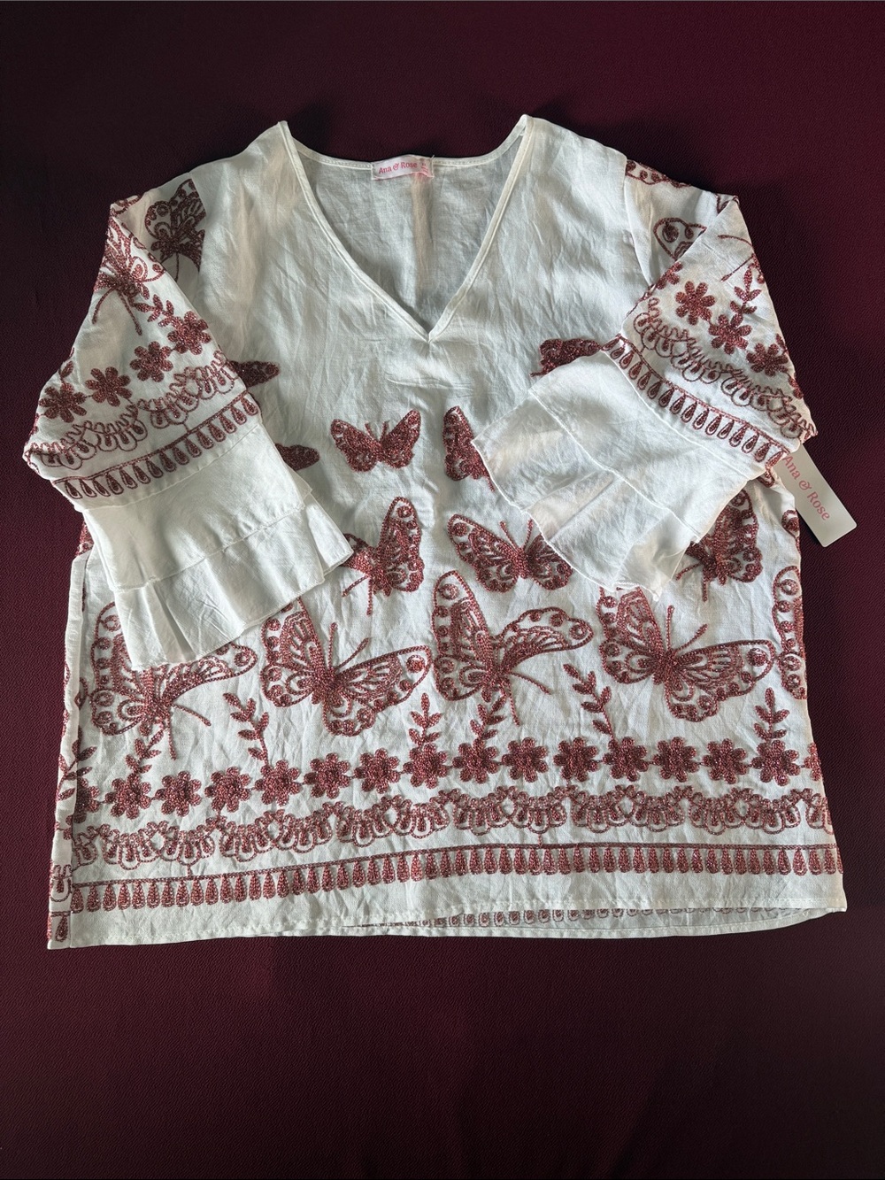 Embroidered Butterfly V-Neck Peasant Top - White with Rust Embroidery